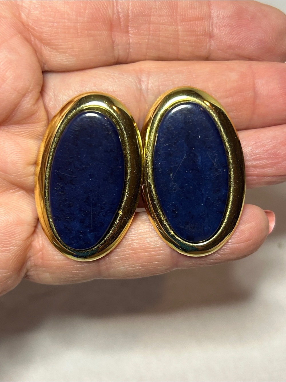 Gold Tone Oval Earrings with Deep Navy Stone Look Inset
